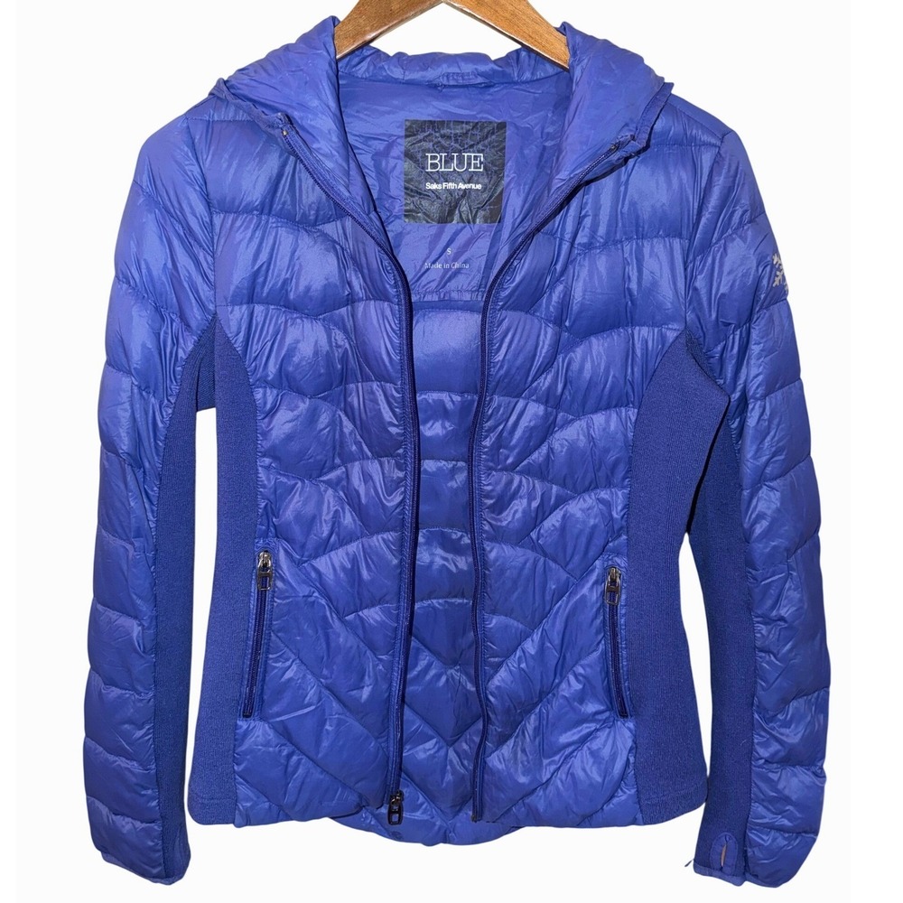 BLUE Saks Fifth Avenue Women Small 90% Down Puffer Jacket Hooded Purple Ski Coat